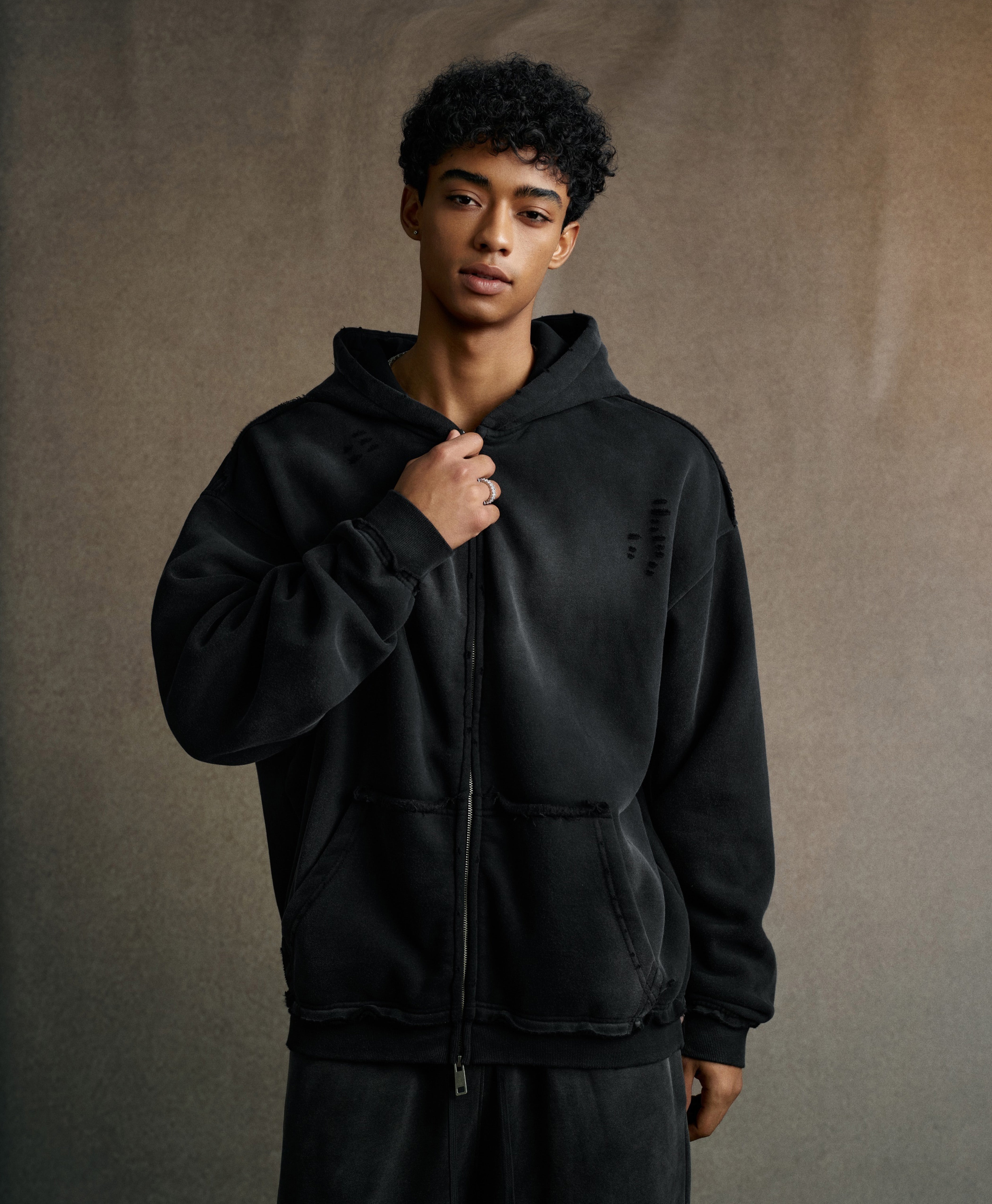 Austhic WASHED RIPPED ZIP HOODIE