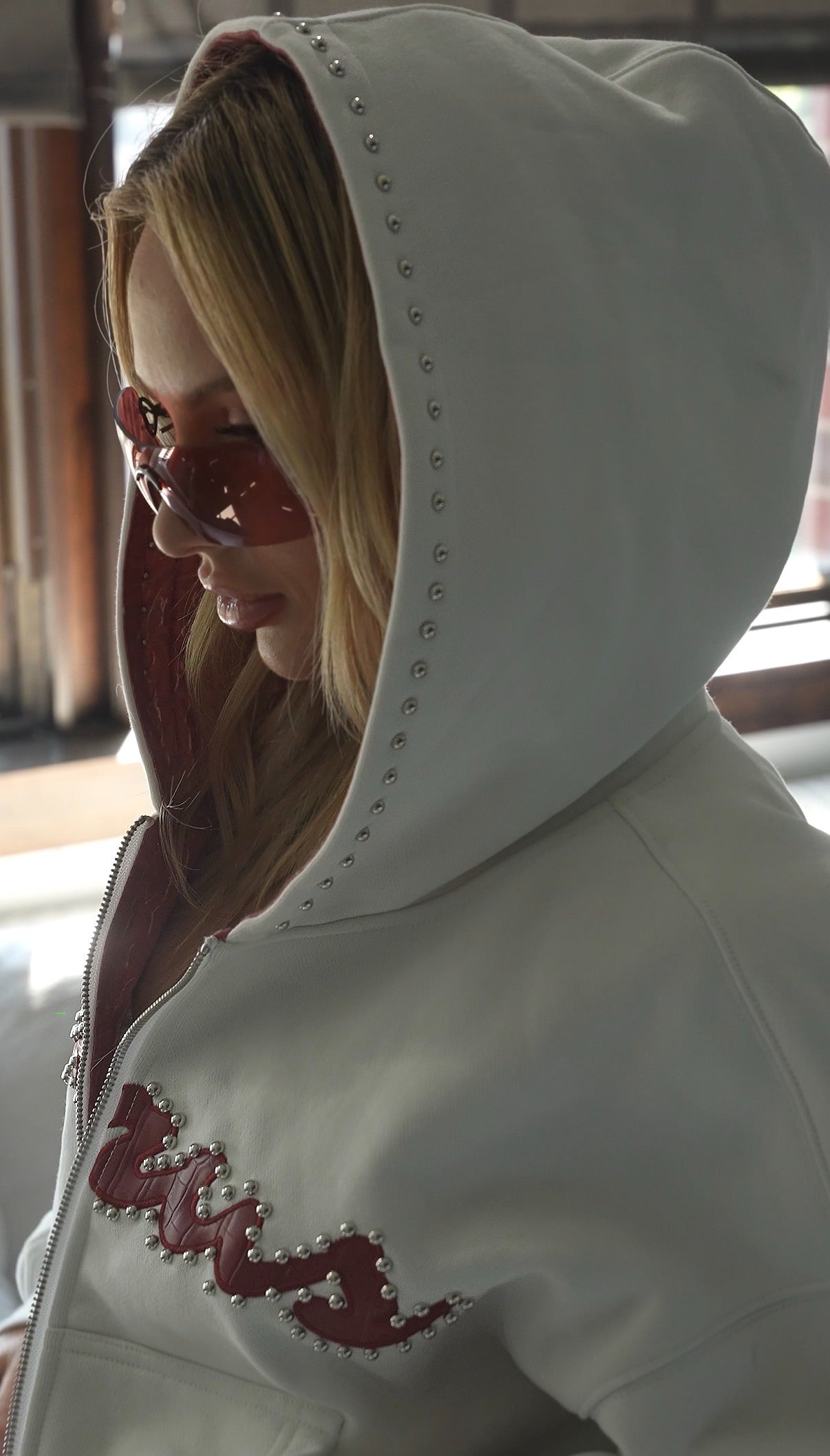 Red Crocodile Studded Zip-Up Hoodie