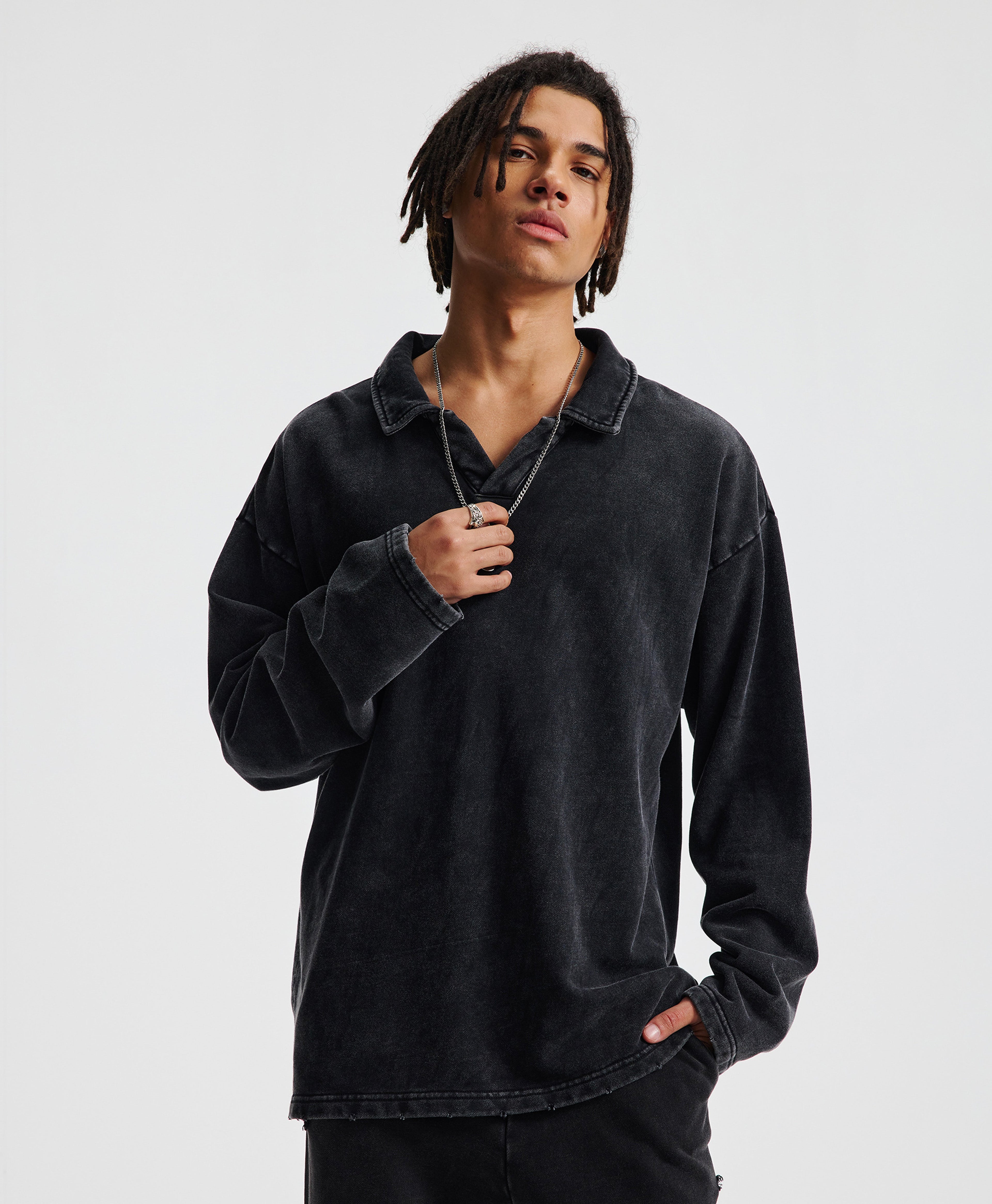 ATHENTIQ WASHED FLEECE POLO SWEATER