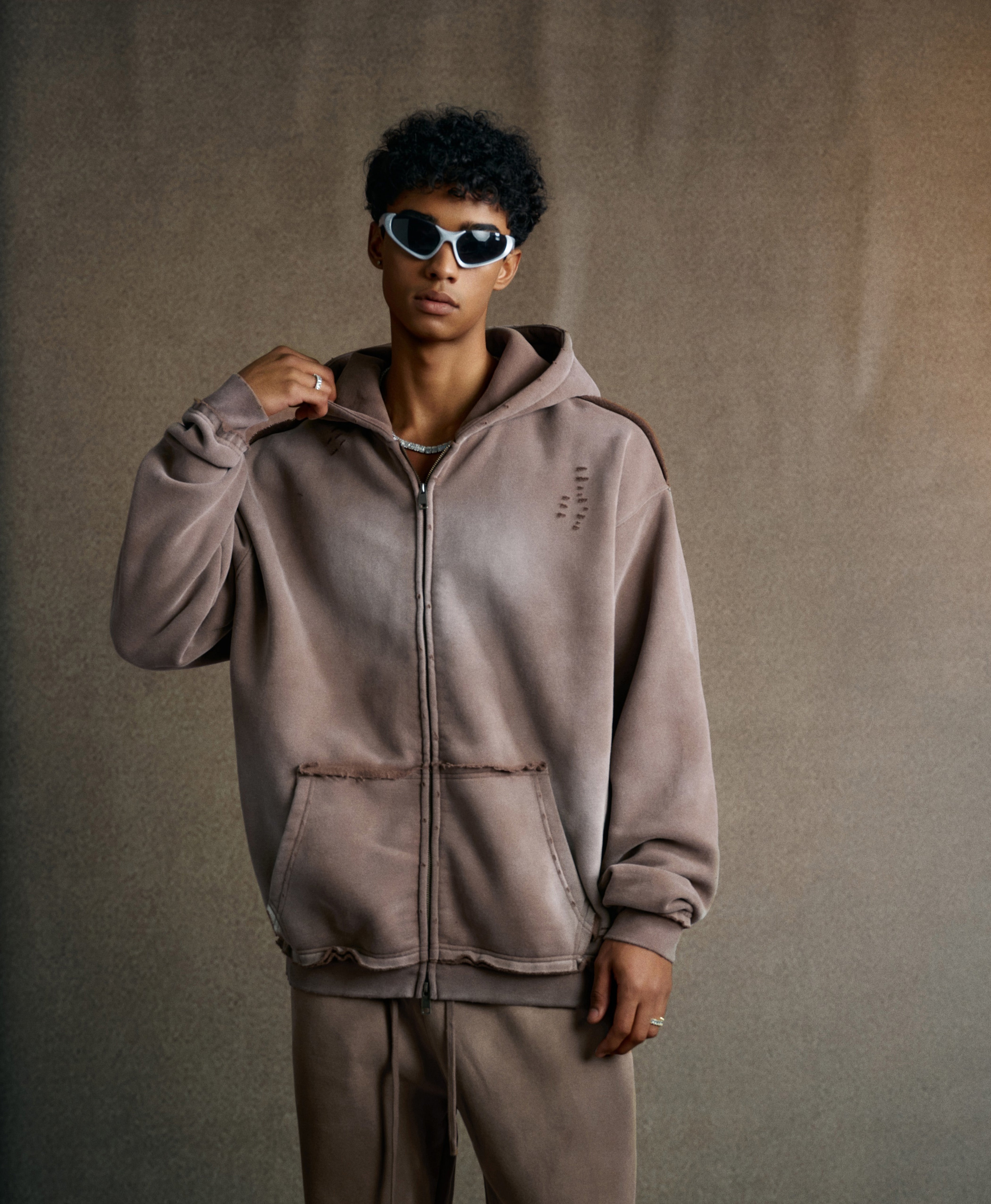 Austhic WASHED RIPPED ZIP HOODIE